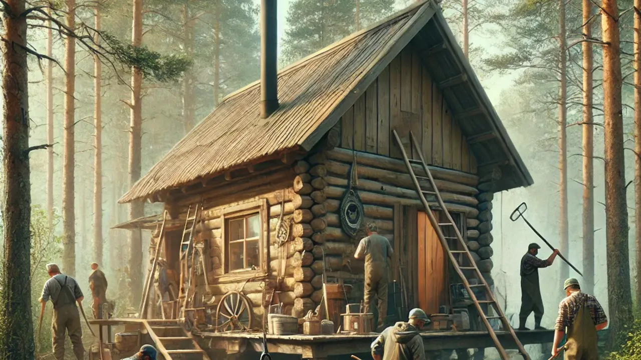 DALL·E 2025 11 19 16.38.37 Square Illustration Of A Rustic Fishing Cabin In A Natural Forest Setting. Several People Work Around The Cabin Using Tools—Hammers, Saws, Rakes, And